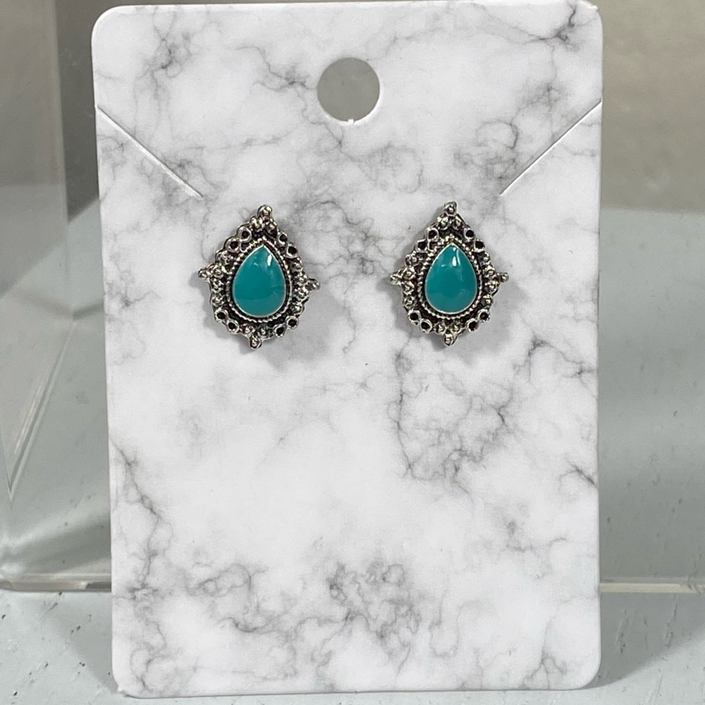 NEW small turquoise post earrings; Pewter look and vintage style